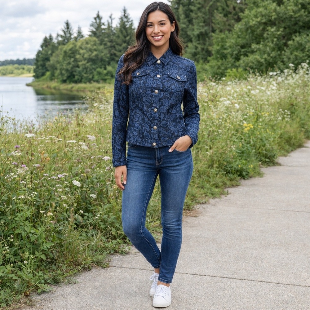 Baccini Floral Denim Jacket Bling Buttons Dark Academia Cottagecore Indie SZ L